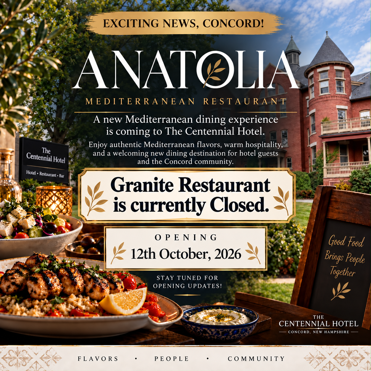 Anatolia Mediterranean Restaurant opening soon at The Centennial Hotel. Granite Restaurant is currently closed. Targeted opening: first week of October 2026.